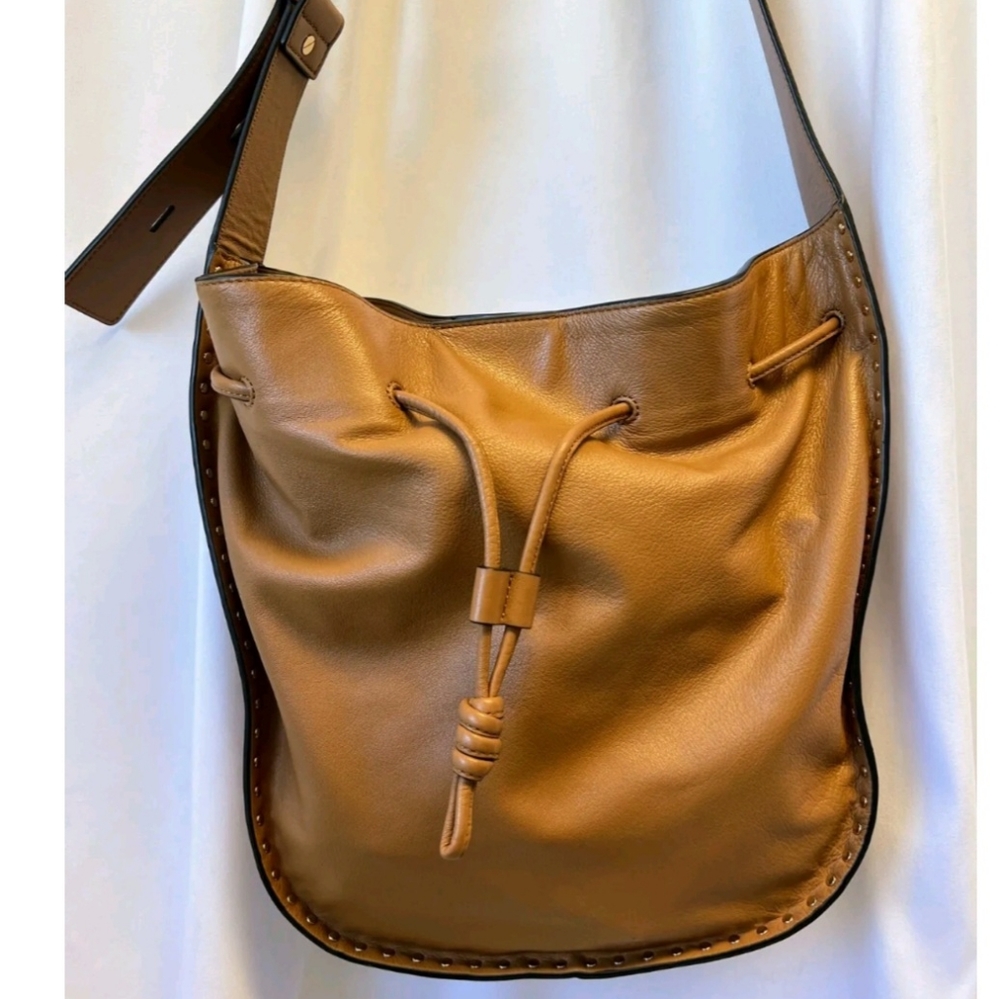 Rebecca minkoff nanine drawstring bag tote purse handbag brown leather EUC